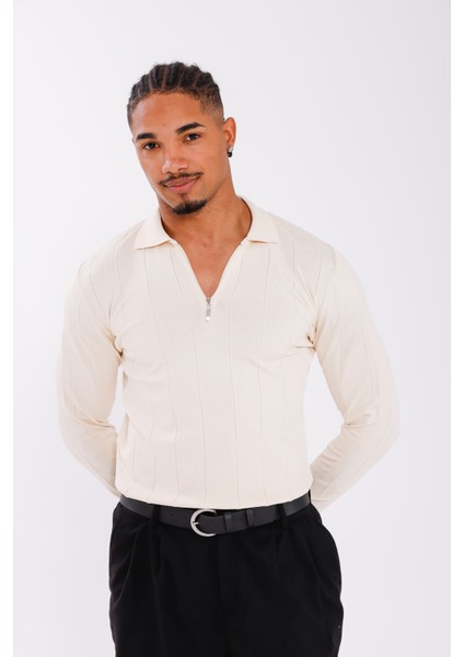 Erkek Yarım Fermuarlı Polo Yaka Triko Kazak