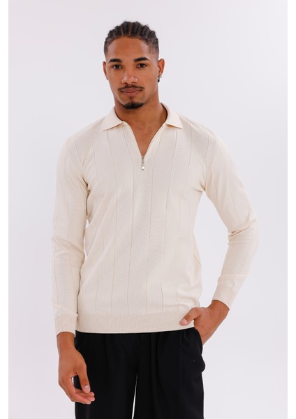 Erkek Yarım Fermuarlı Polo Yaka Triko Kazak