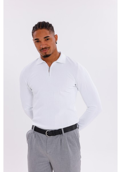 Erkek Yarım Fermuarlı Polo Yaka Triko Kazak