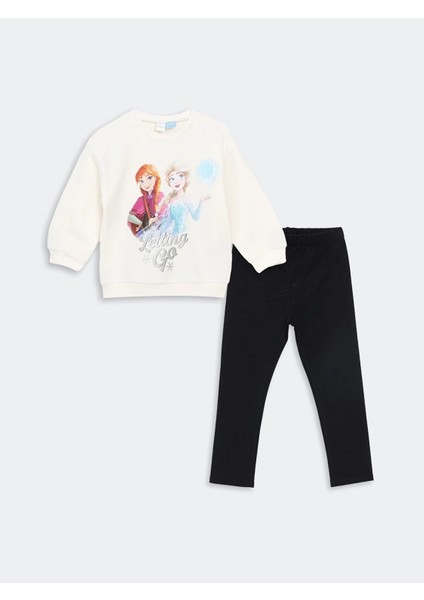 Lcw Kids Ekru Bisiklet Yaka Elsa Baskılı Kız Çocuk Sweatshirt ve Tayt 2'li Takım