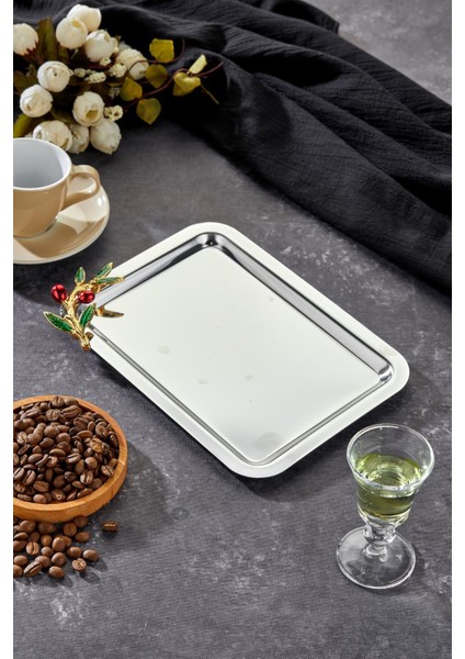 Bacche Rosso Kulp Desenli Krom Tepsi, 22X16CM, Şık ve Zarif Sunum Için Ideal