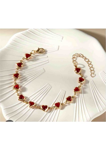 Kırmızı Kalpli Taşlı Altın Renk Bileklik ✨❤️