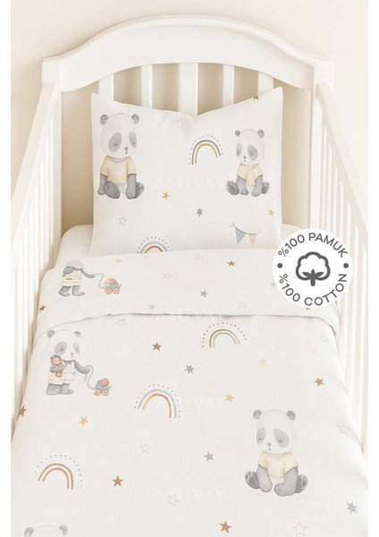 %100 Pamuk Bebek Nevresim Takımı 100X150 | Gökkuşağı ve Panda Desenli