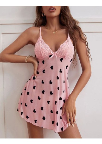 Kadın Gecelik Elbise Fantezi Iç Giyim Kalpli Pembe Elbise Gecelik Takımı - Elbise Gecelik Elbise fırsatları