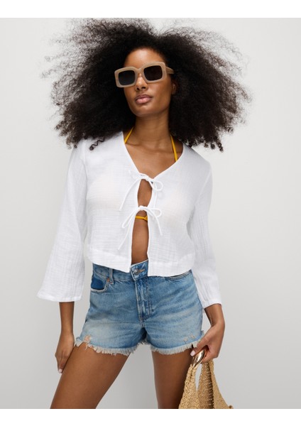 Saf Pamuk V Yaka Bağlamalı Plaj Üstü modelleri