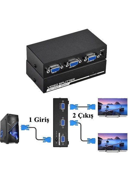 2 Port VGA Splitter Monitör Çoklayıcı - 1 Kasa 2 Monitör - Adaptörlü indirimleri