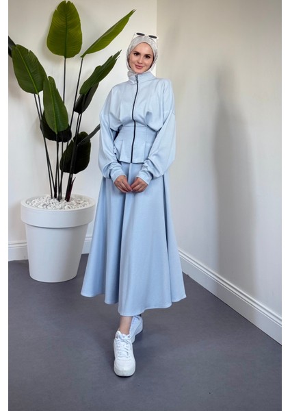 Vion Bel Patlı Pileli Etek Takım Buz Mavisi