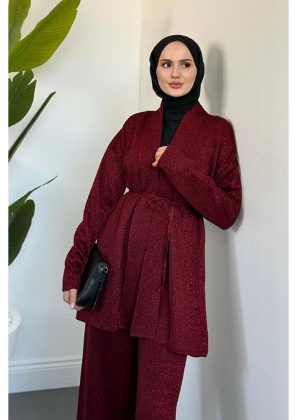 Infinito Simli Kuşaklı Triko Takım Bordo modelleri