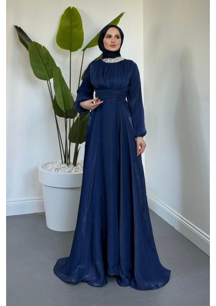Talya Boynu Taşlı Abiye Lacivert