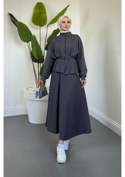 Vion Bel Patlı Pileli Etek Takım Füme