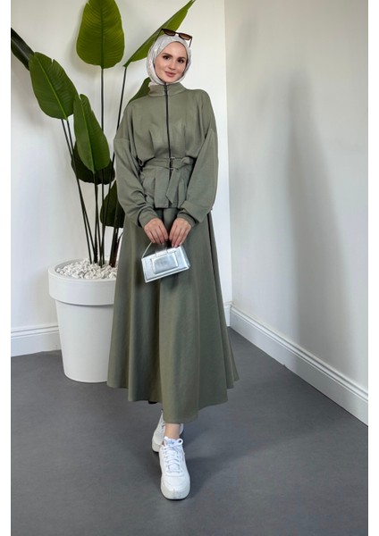 Vion Bel Patlı Pileli Etek Takım Haki