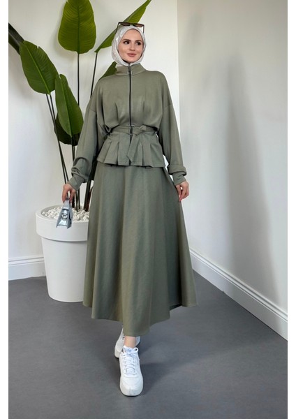 Vion Bel Patlı Pileli Etek Takım Haki fiyatları