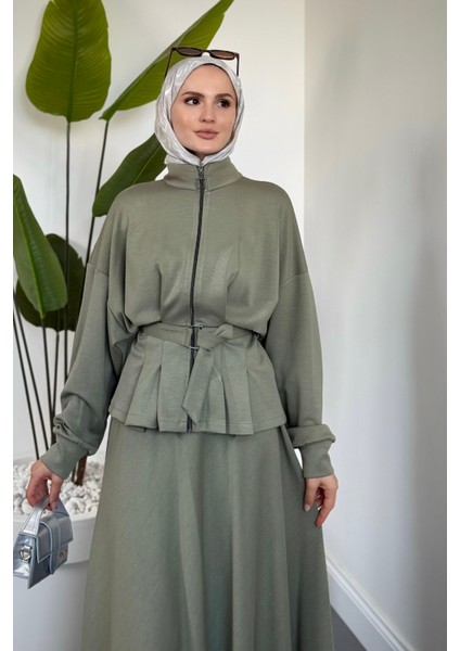 Vion Bel Patlı Pileli Etek Takım Haki modelleri