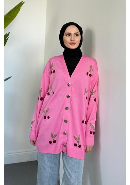 Nottee Kiraz Desen Merserize Hırka Pembe