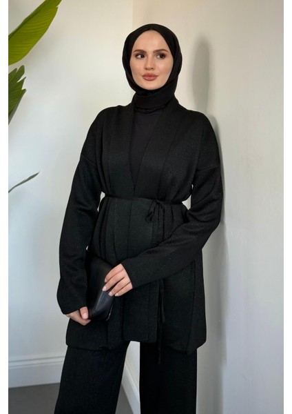 Infinito Simli Kuşaklı Triko Takım Siyah modelleri
