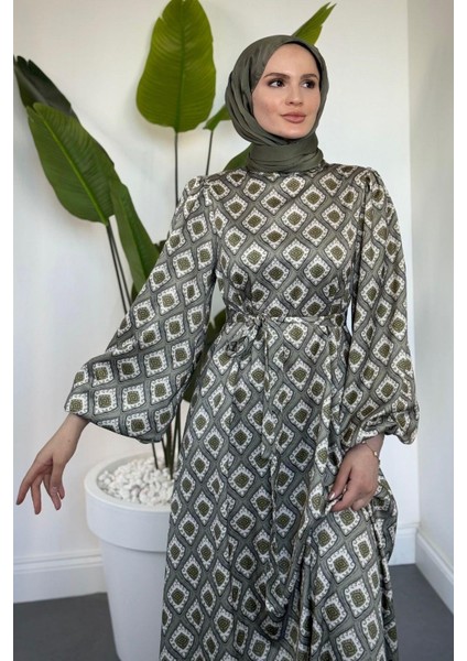 Belis Desenli Saten Elbise Haki modelleri