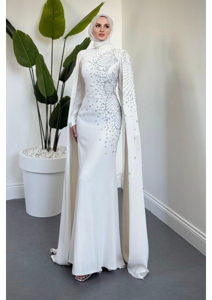 Carla Yandan Taşlı Abiye Kırık Beyaz