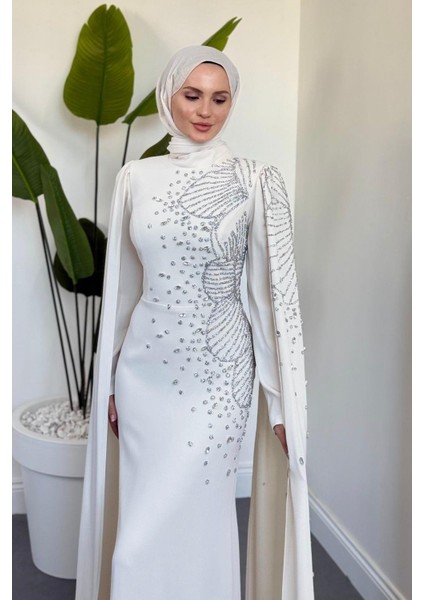 Carla Yandan Taşlı Abiye Kırık Beyaz modelleri