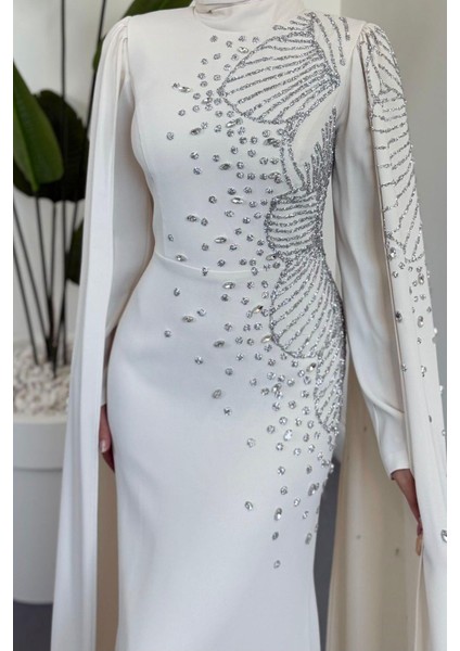 Carla Yandan Taşlı Abiye Kırık Beyaz indirimleri