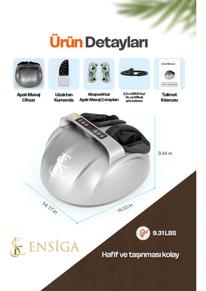 Ensga Uzaktan Kumandalı - Elektrikli Isı ile Derin Yoğurmalı - Ayak Masaj Aleti ve Yuvarlama Makinası