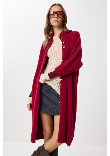 Sakallı Uzun Triko Hırka LNX0012 Bordo