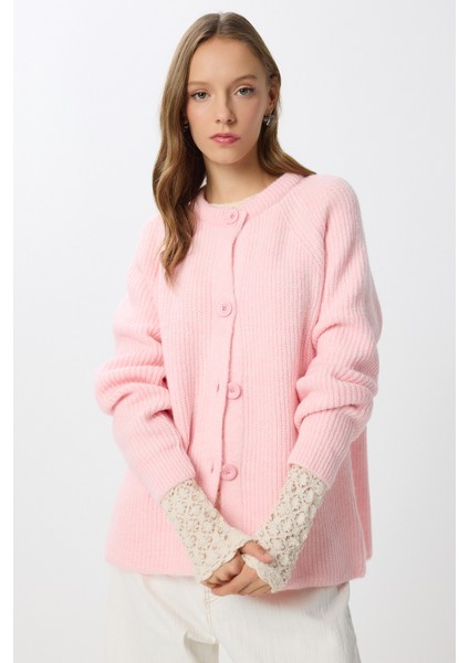 Yün Karışımlı Düğmeli Triko Hırka LİY0002 Pembe