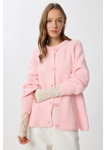 Yün Karışımlı Düğmeli Triko Hırka LİY0002 Pembe fırsatları