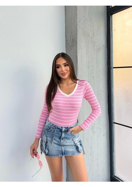 V Yaka Çizgili Bluz Pembe A3699