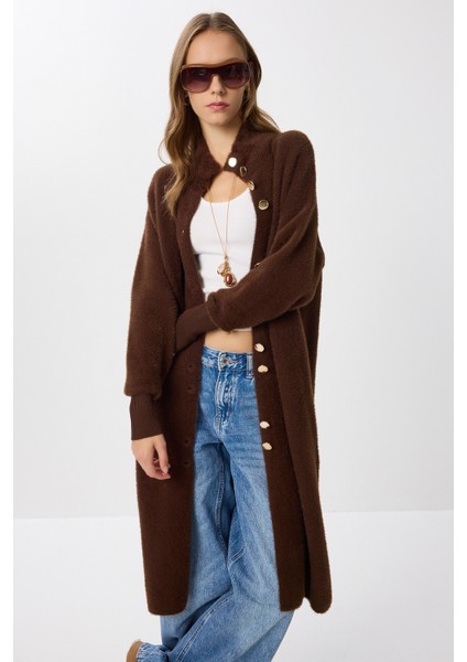 Sakallı Uzun Triko Hırka LNX0012 Kahverengi