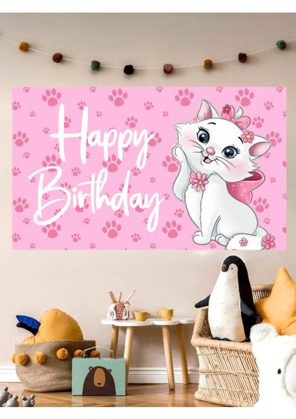 Sevimli Kedi Temalı Doğum Günü Afişi Arkafonu 60X100 Vinil Branda Pankart Doğum Günü Parti Seti Süsü
