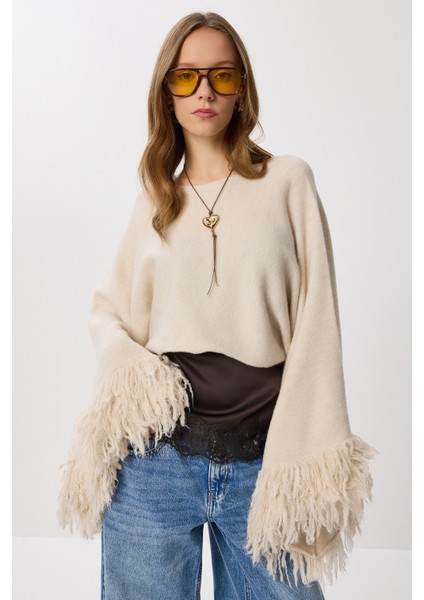 Püsküllü Crop Triko Kazak LNS0084 Taş