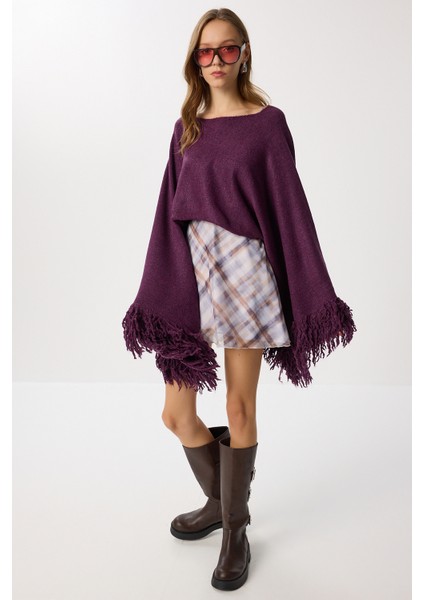 Püsküllü Crop Triko Kazak LNS0084 Mürdüm