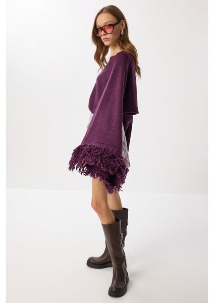 Püsküllü Crop Triko Kazak LNS0084 Mürdüm fiyatları