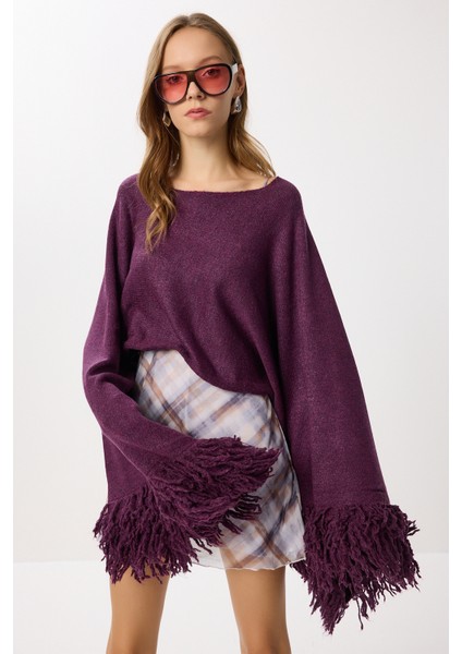 Püsküllü Crop Triko Kazak LNS0084 Mürdüm modelleri