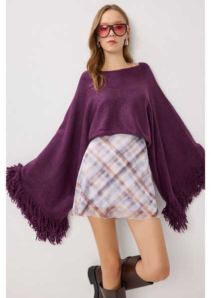 Püsküllü Crop Triko Kazak LNS0084 Mürdüm fırsatları