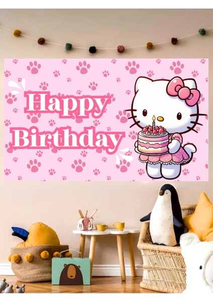 Taçlı Kedi Temalı Doğum Günü Afişi Arka Fonu 60X100 Vinil Branda Pankart Doğum Günü Parti Seti Süsü