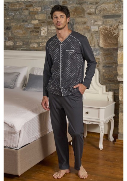 26166 Erkek Uzun Kollu Önden Düğmeli Pijama Takımı-Desenli