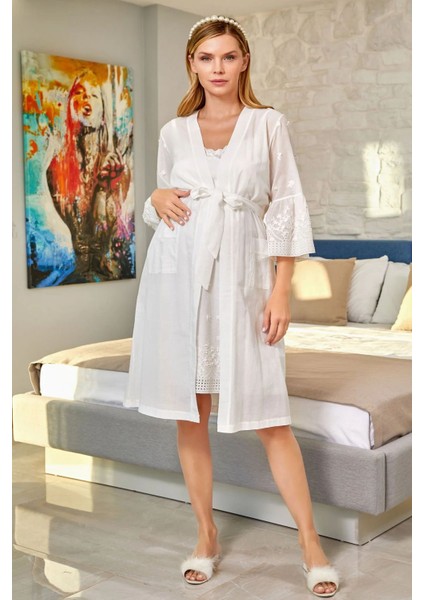 26332 Hamile Lohusa Fistolu Sabahlıklı Ip Askılı Midi Gecelik Takım-Krem