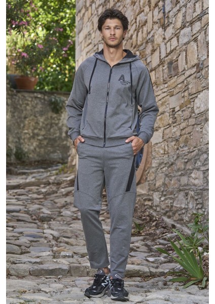 26193 Erkek Kapişonlu Uzun Kollu Önden Fermuarlı Eşofman Takımı-Antrasitmelanj