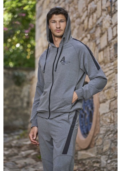 26193 Erkek Kapişonlu Uzun Kollu Önden Fermuarlı Eşofman Takımı-Antrasitmelanj fiyatları
