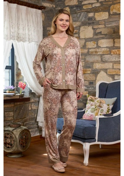 26290 Kadın Uzun Kollu Gömlek Pijama Takım-Desenli