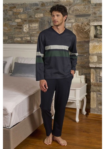 26401 Erkek Uzun Kollu V Yaka Pijama Takımı-Indigomelanj