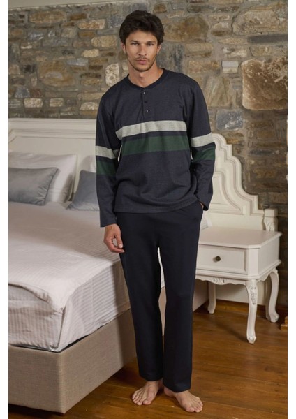26402 Erkek Uzun Kollu Düğmeli Bisiklet Yaka Pijama Takımı-Indigomelanj