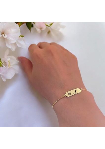 14 Ayar Plakalı Altın S Harfine Özel Zincirli Kelebek Motifli Hediye BILEKLIK-643HARF