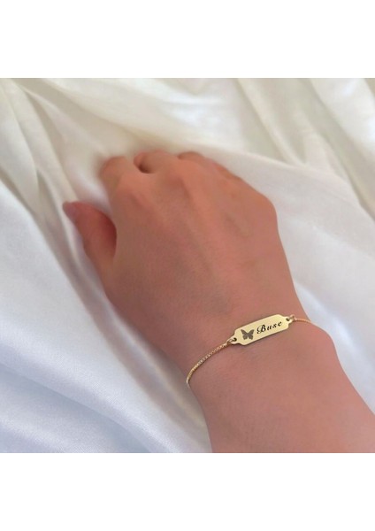 14 Ayar Plakalı Altın Buse Ismine Özel Zincirli Kelebek Motifli Hediye BILEKLIK-643ISIM