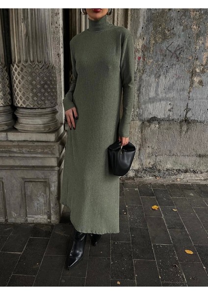 Boğazlı Kalın Bürümcük Uzun Elbise Yeşil modelleri