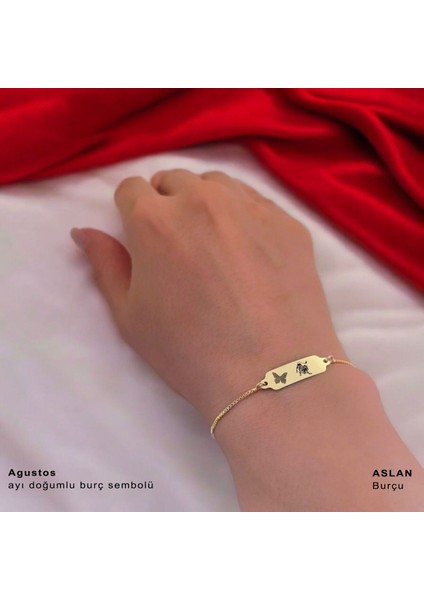 14 Ayar Plakalı Altın Aslan Burçlarına Özel Zincirli Kelebek Motifli Hediye BILEKLIK-643BURÇ