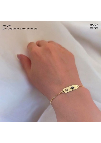Altın Plakalı 14 Ayar Boğa Burçlarına Özel Zincirli Kelebek Motifli Hediye BILEKLIK-643BURÇ