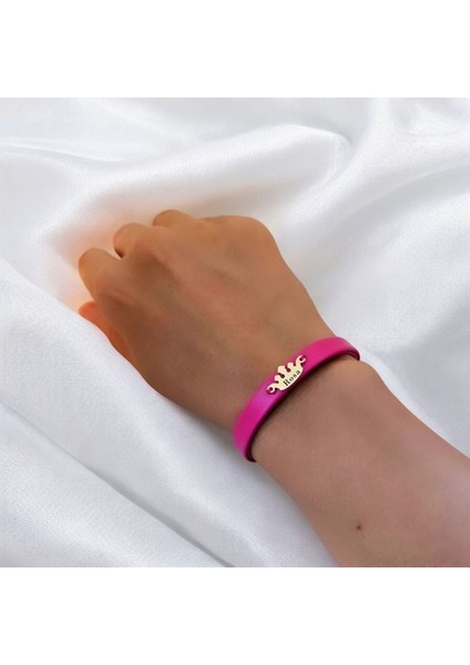14 Ayar Plakalı Altın Rosa Ismine Özel Doğal Pembe Derili Taç Motifli Hediye BILEKLIK-642ISIM