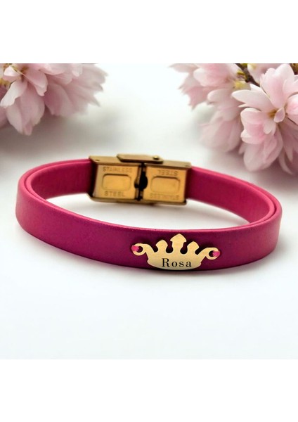 14 Ayar Plakalı Altın Rosa Ismine Özel Doğal Pembe Derili Taç Motifli Hediye BILEKLIK-642ISIM fiyatları